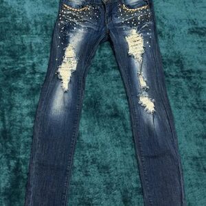 Y2K Machine Jeans Rhinestone Embellished Distressed Skinny Denim